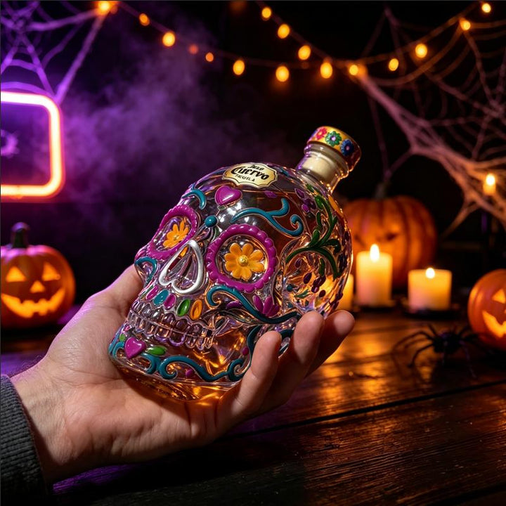 Conjunto de garrafa de licor em vidro soprado e copos de crânio