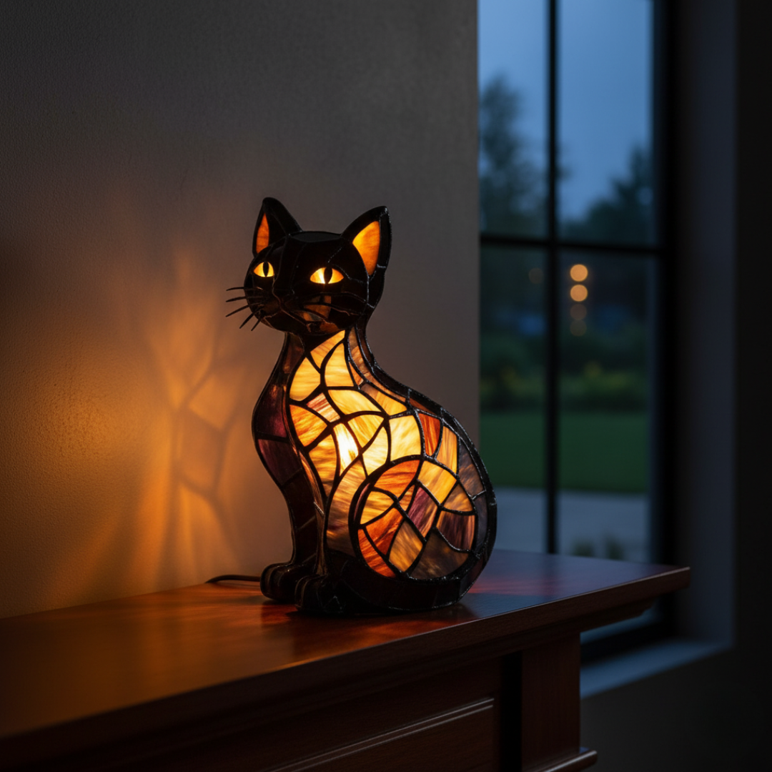 Gato radiante à meia-noite