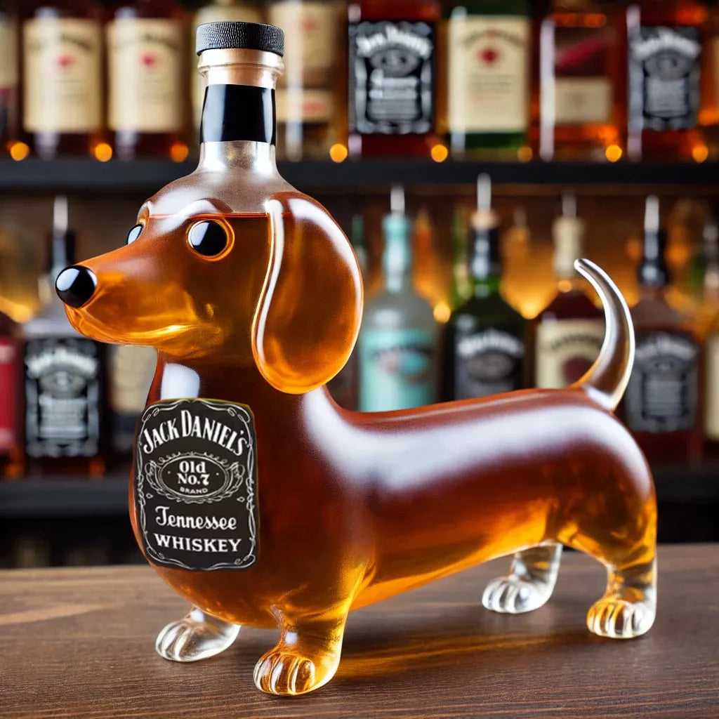Decantador de whisky em forma de cão salsicha