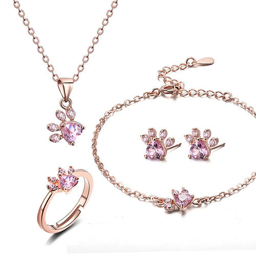 Conjunto de joias com patas para mulheres em ouro rosa com zircónia