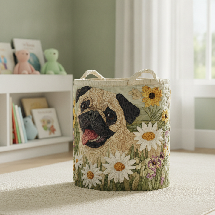 Cesto de roupa com design de pug em margaridas