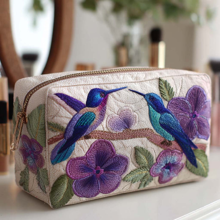 Bolsa de maquilhagem acolchoada com padrão de beija-flor