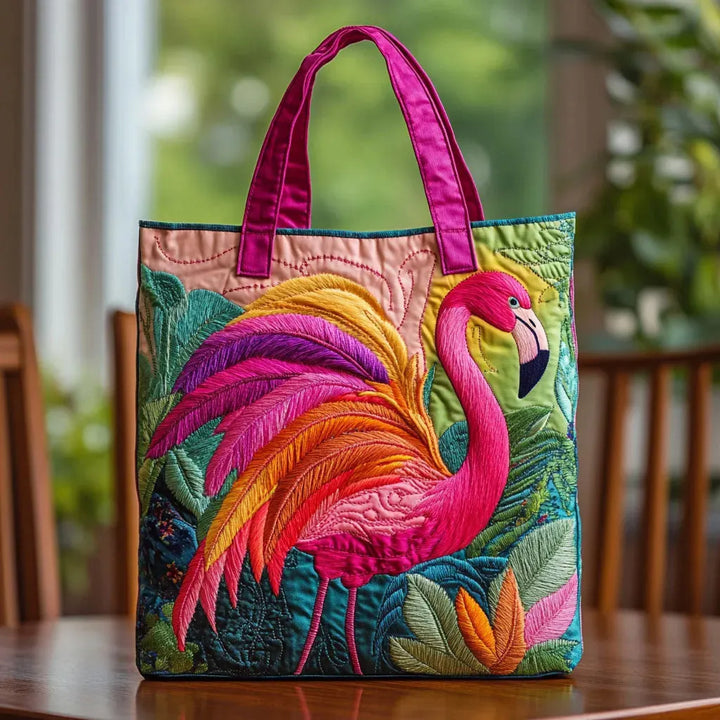 Saco de mão acolchoado com flamingo arco-íris