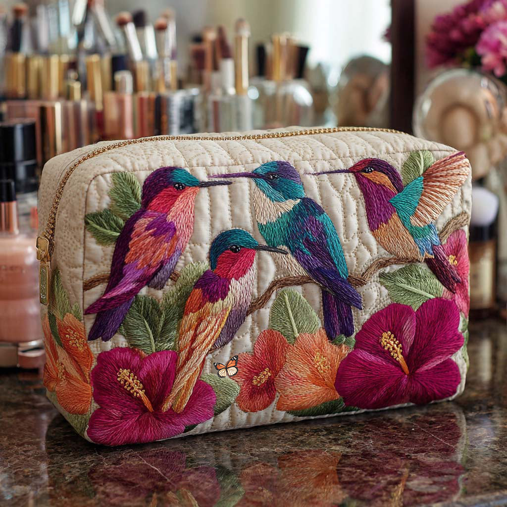 Bolsa de maquilhagem acolchoada com padrão de beija-flor