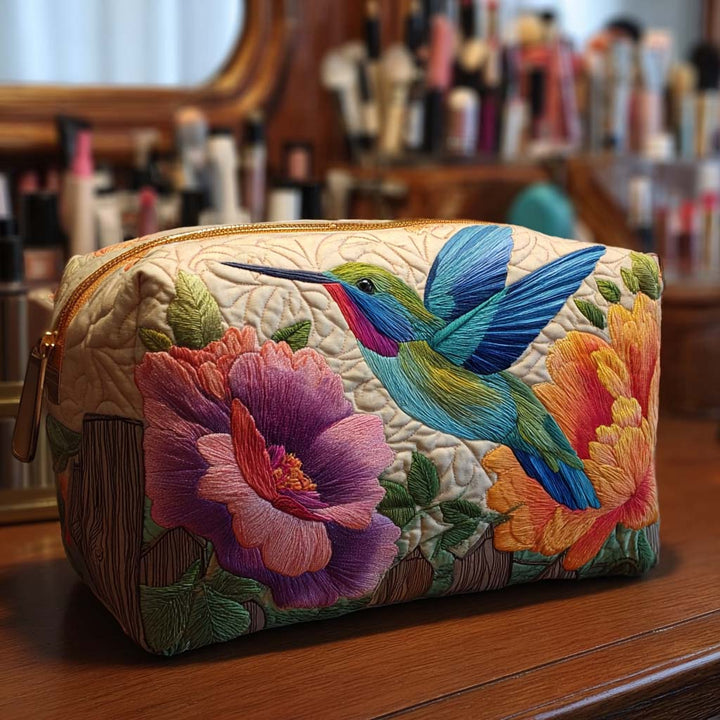 Bolsa de maquilhagem acolchoada com padrão de beija-flor