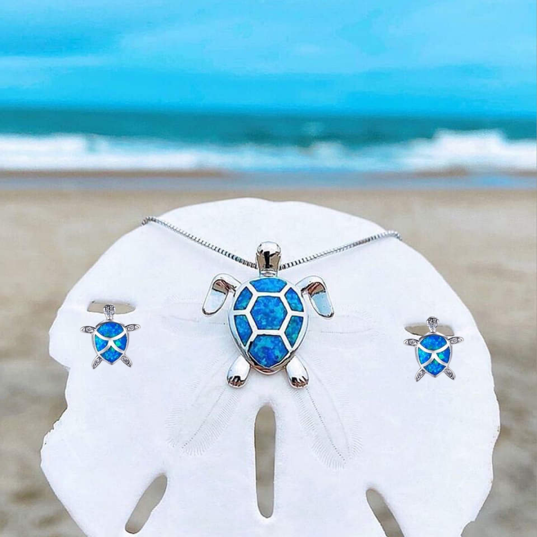 Conjunto de tartaruga do mar, colar e brincos em prata com opala