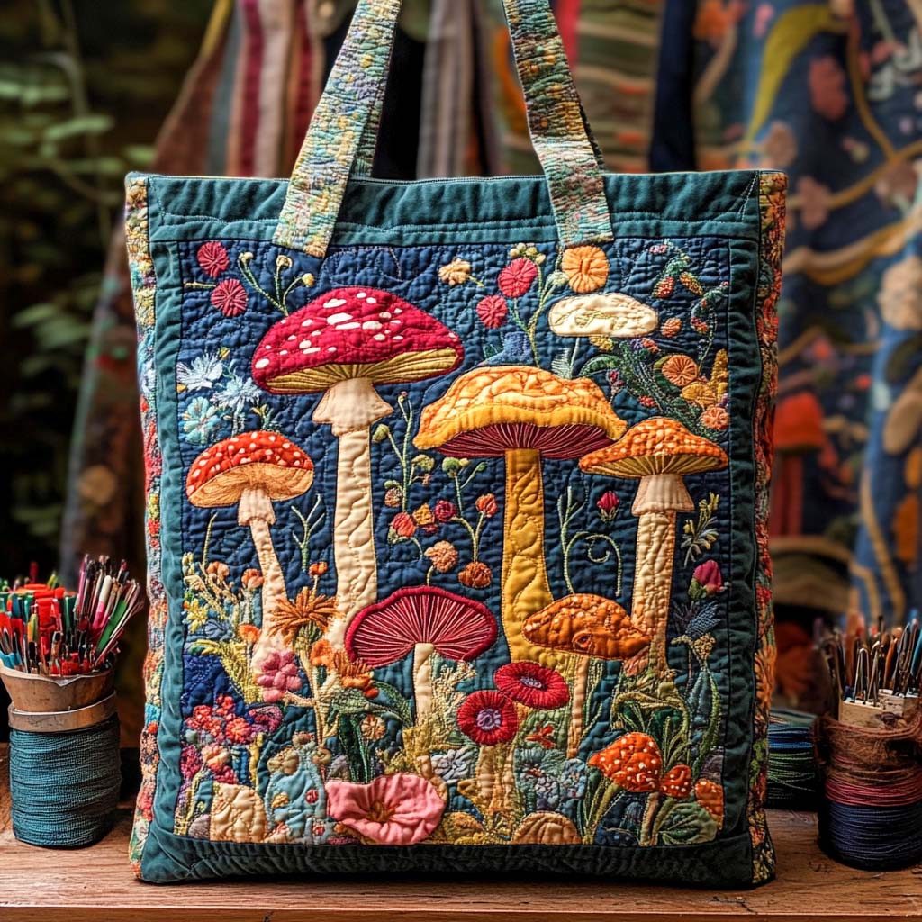 Saco de pano com design de cogumelos luminosos na floresta
