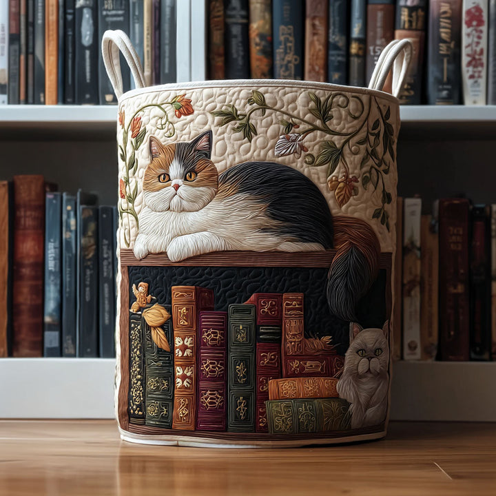Cesto de roupa com design de gato para a biblioteca