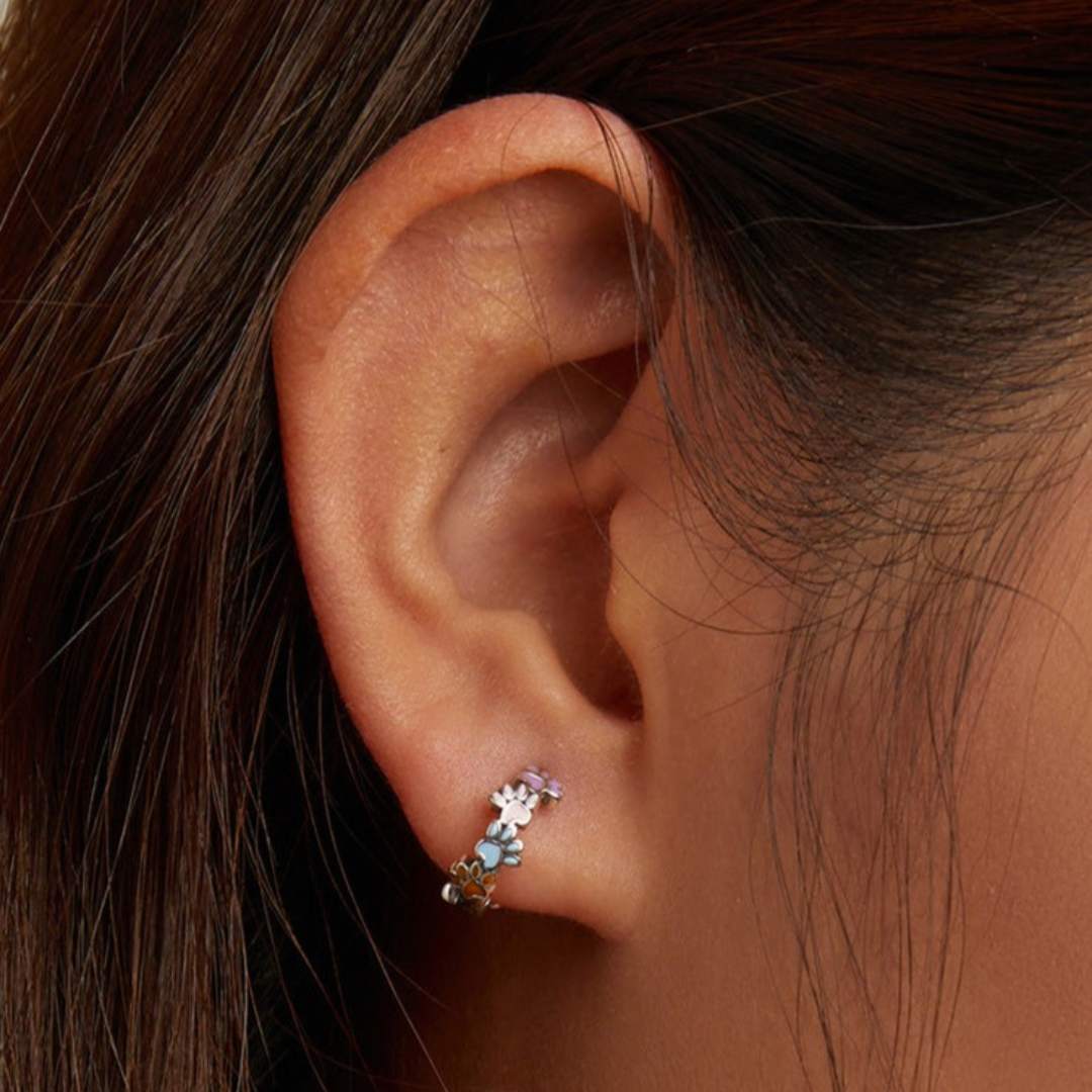 Brincos em prata esterlina com argolas coloridas em forma de pata