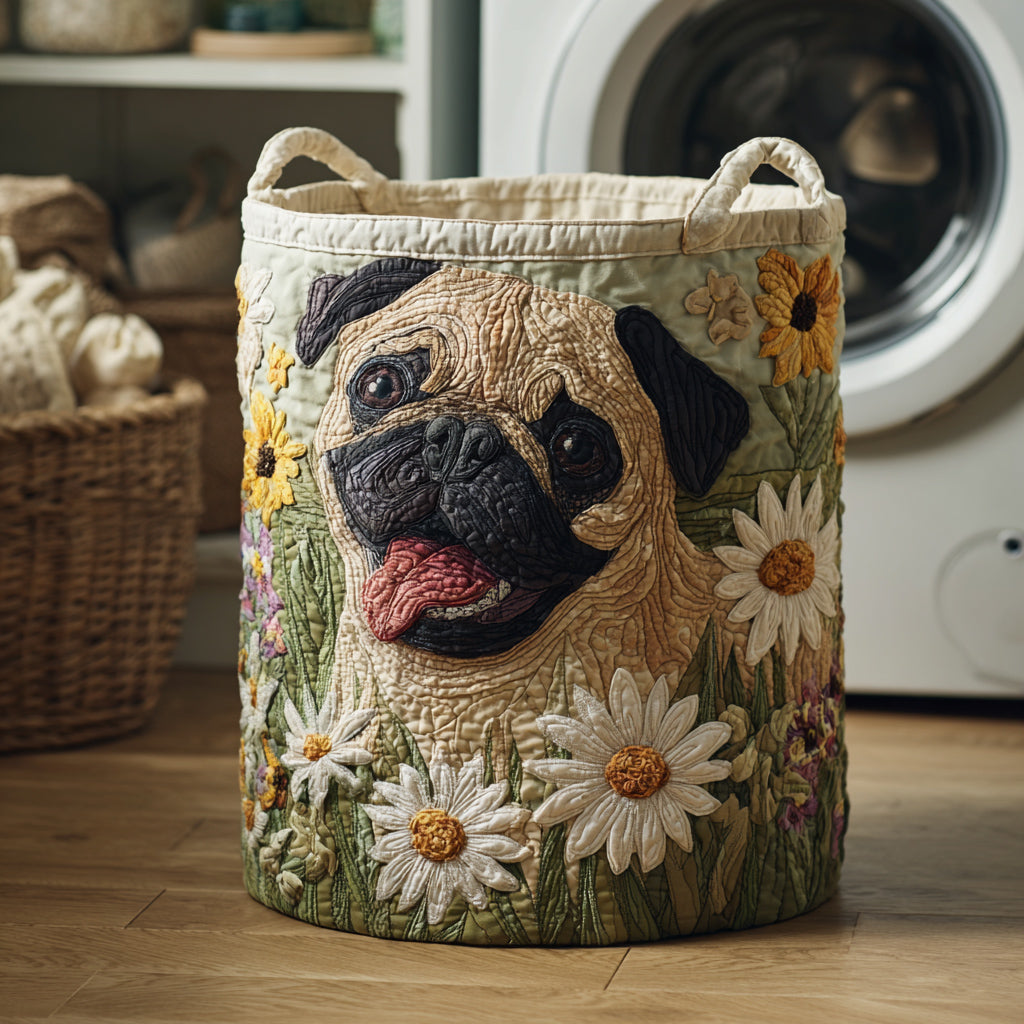 Cesto de roupa com design de pug em margaridas
