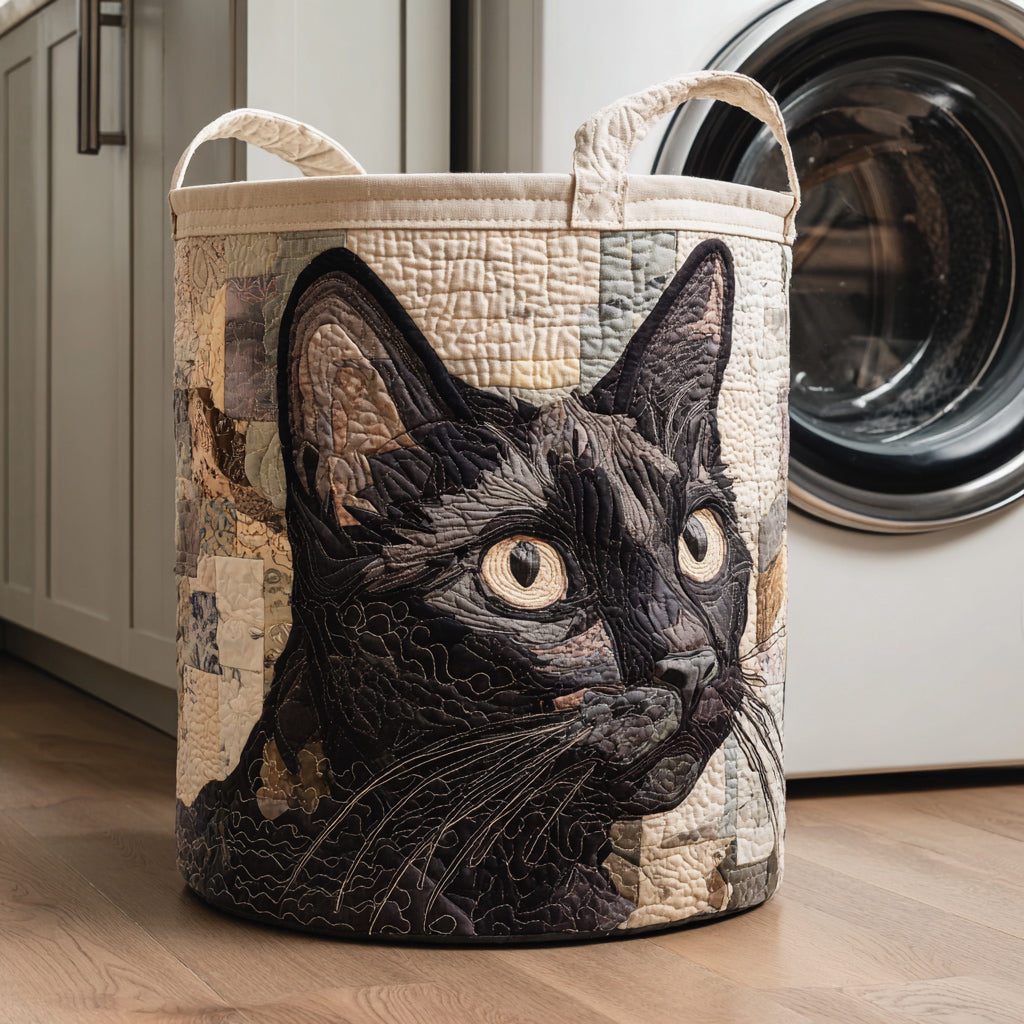 Cesto de roupa em ratan preto com design rústico de gato