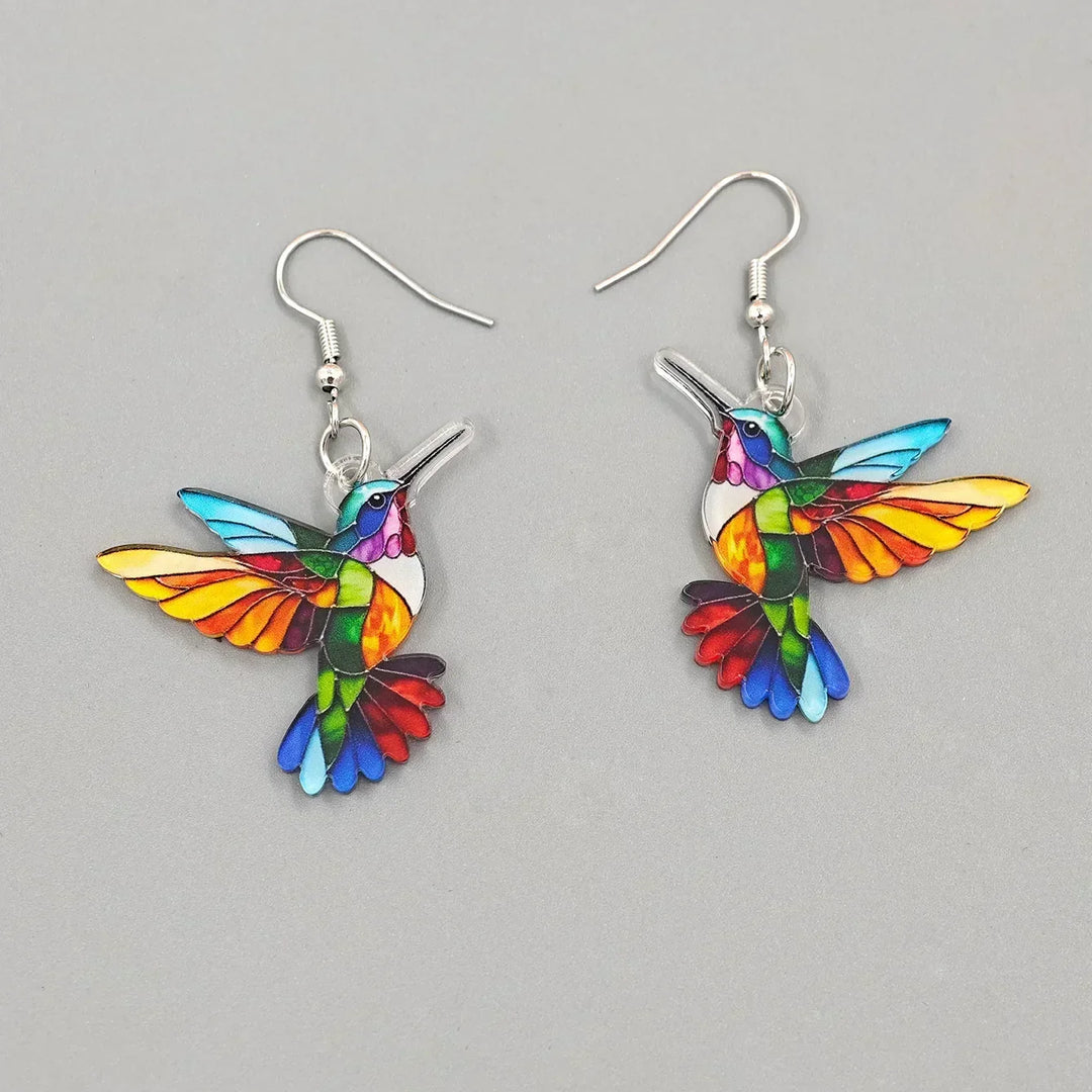 Brincos pendentes de beija-flor coloridos em acrílico 2D