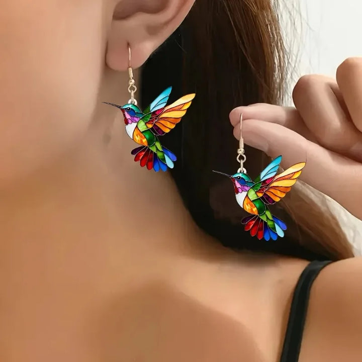 Brincos pendentes de beija-flor coloridos em acrílico 2D