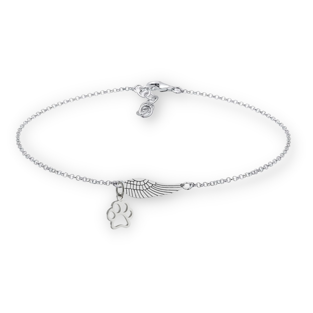 Pulseira memorial em prata com asas de anjo e pegada de animal artesanal