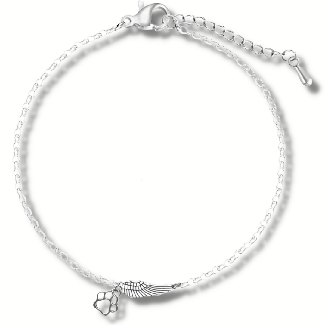 Pulseira memorial em prata com asas de anjo e pegada de animal artesanal