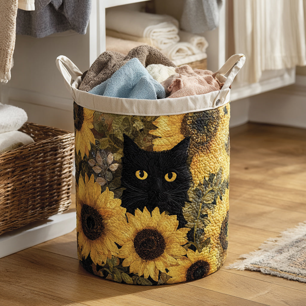 Cesto de roupa preto com girassóis e gato