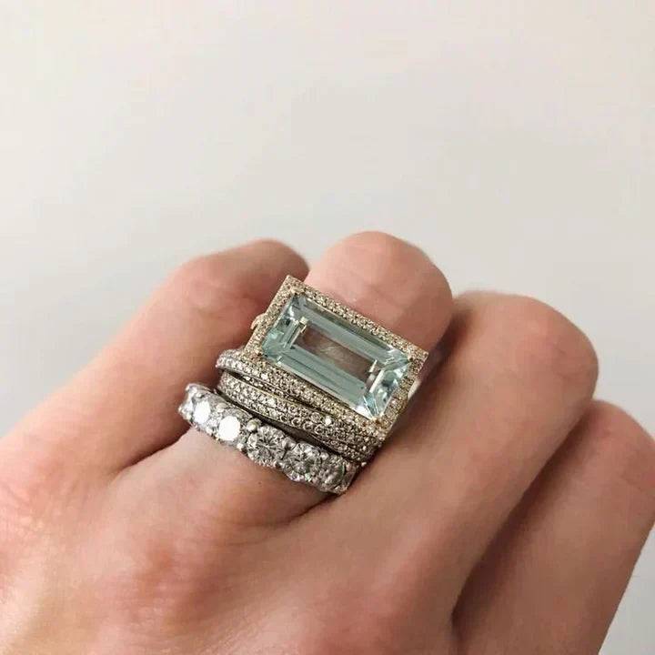 Conjunto de anéis vintage em prata com vidro turquesa