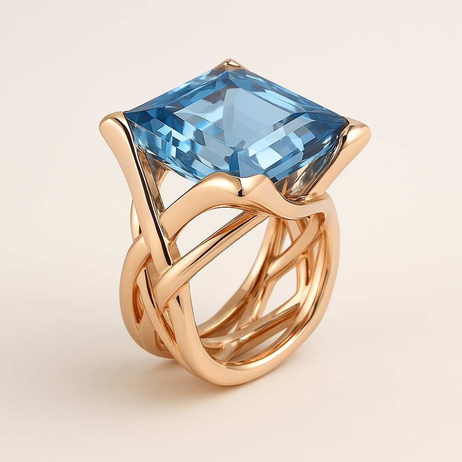 Anel vintage em rosa dourado com zircónia azul