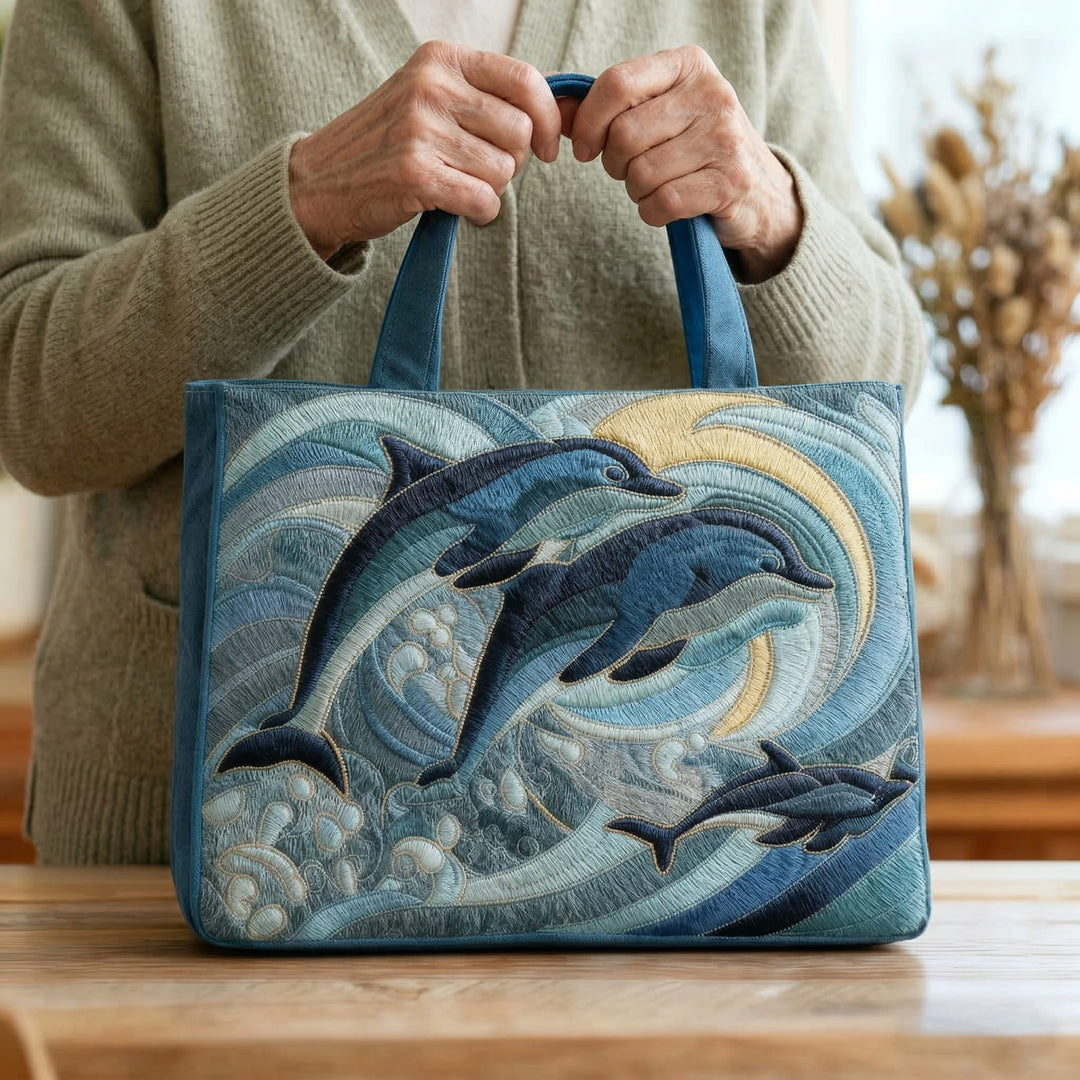 Saco de praia artesanal inspirado no oceano com design de golfinho