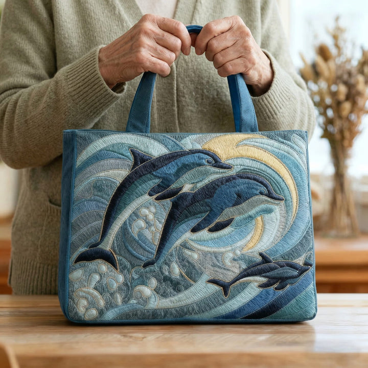 Saco de praia artesanal inspirado no oceano com design de golfinho