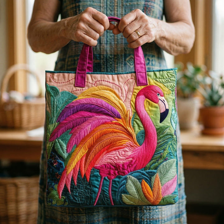 Saco de mão acolchoado com flamingo arco-íris
