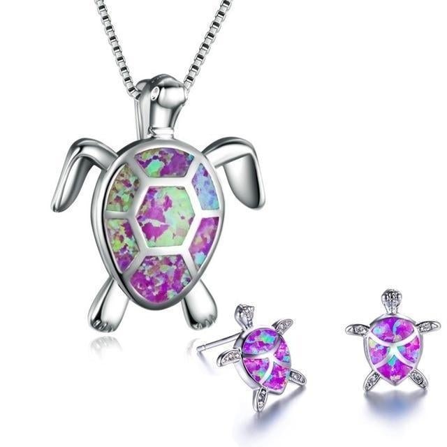 Conjunto de tartaruga do mar, colar e brincos em prata com opala