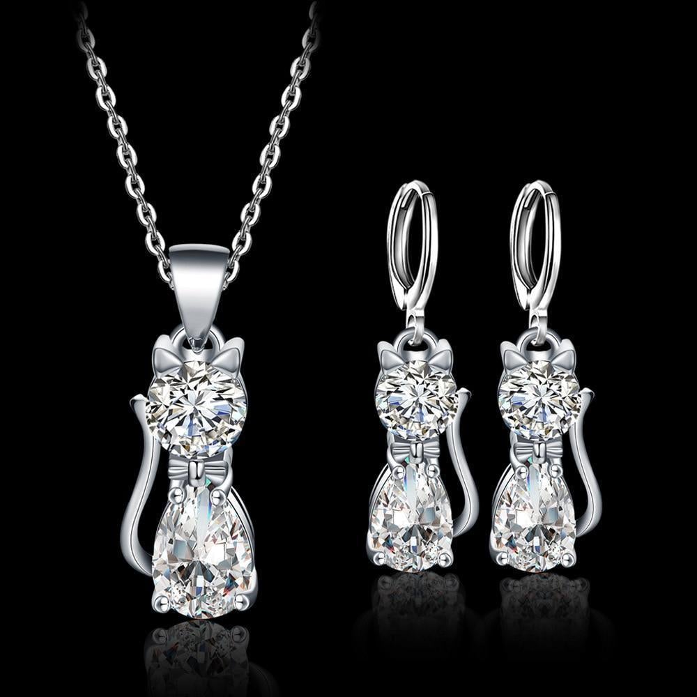 Conjunto de colar e brincos Happy Cats em prata com zircónia polida