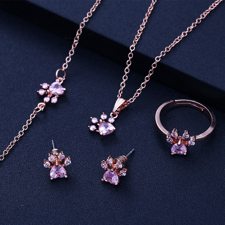 Conjunto de joias com patas para mulheres em ouro rosa com zircónia