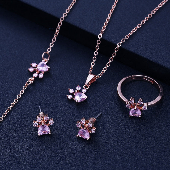 Conjunto de joias com patas para mulheres em ouro rosa com zircónia